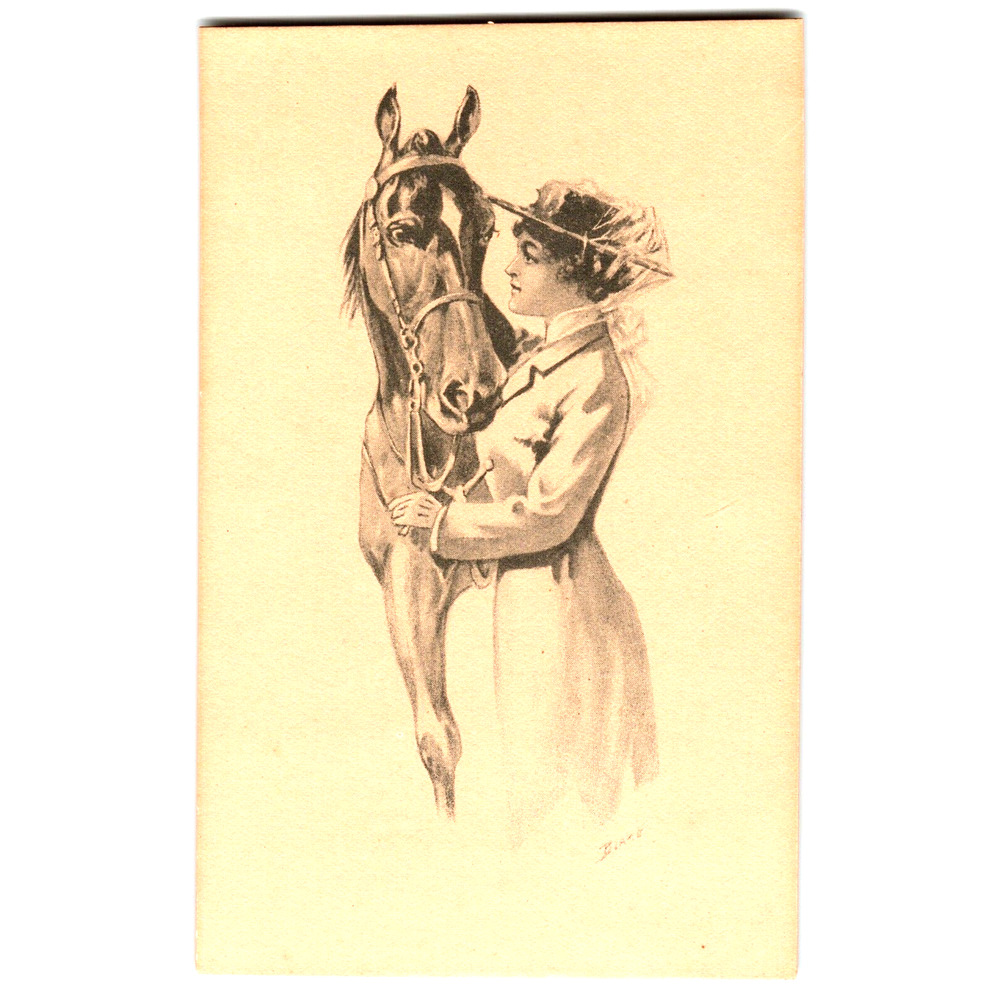 Glamour Beautiful Women In Hat With Horse Vintage Postcard Antique Artist Signed